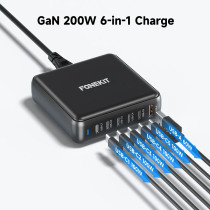 FoneKit GaN PD 200W -verkkovirtalaturi, USB-A + 5 x USB-C, musta