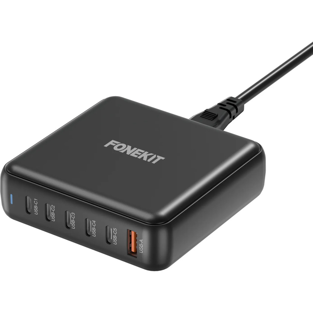 FoneKit GaN PD 200W -verkkovirtalaturi, USB-A + 5 x USB-C, musta