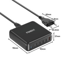 FoneKit GaN PD 200W -verkkovirtalaturi, USB-A + 5 x USB-C, musta