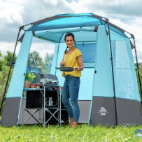 Camptime Venus keittiö- ja varusteteltta – vaaleansininen teltta panoraamaikkunoilla ja korkealla seisomakorkeudella