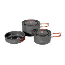 Robens Basecamp Pro XL -keittoastiasetti, jossa kaksi kattilaa ja paistinpannu, kevyt ja kestävä retkikäyttöön