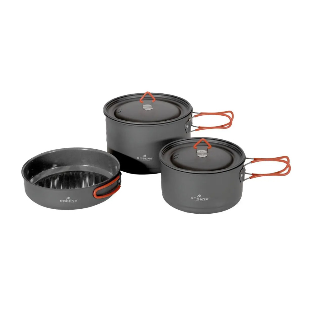 Robens Basecamp Pro XL -keittoastiasetti, jossa kaksi kattilaa ja paistinpannu, kevyt ja kestävä retkikäyttöön