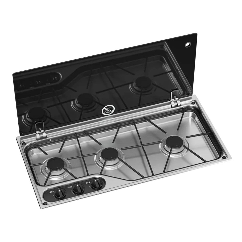 Dometic CVH1700G kolmen polttimen kaasuliesi matkailuautoon, Soft-Close-lasi­kannella ja automaattisella sytytyksellä.