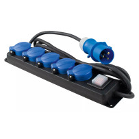 as-Schwabe jatkojohto 5 pistorasialla, 4,5 m kumikaapelilla ja CEE-liittimellä, klappikannet ja valaistu virtakytkin.