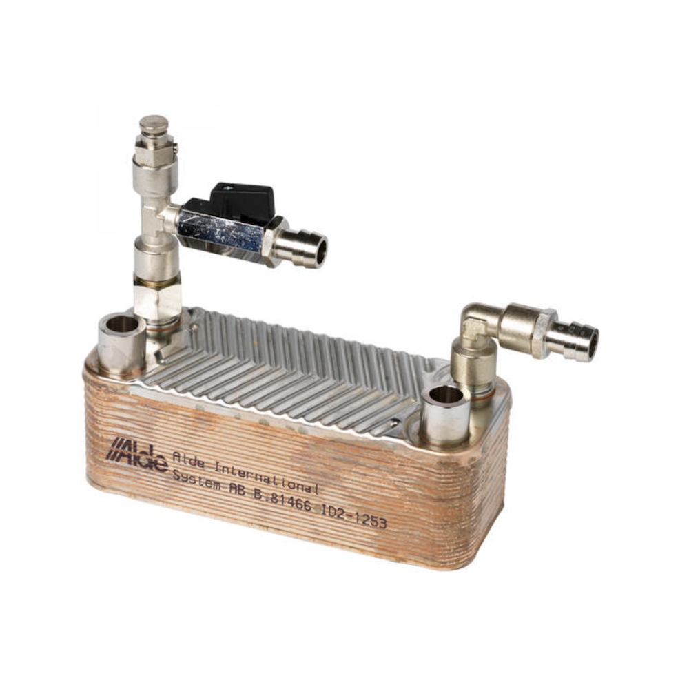 Alde lämmönvaihdin ilmausruuvilla ja sulkuhanalla